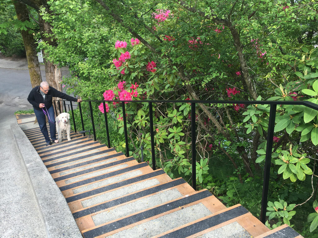 Modern Iron Handrail for Very Long Exterior Steps - climbing up